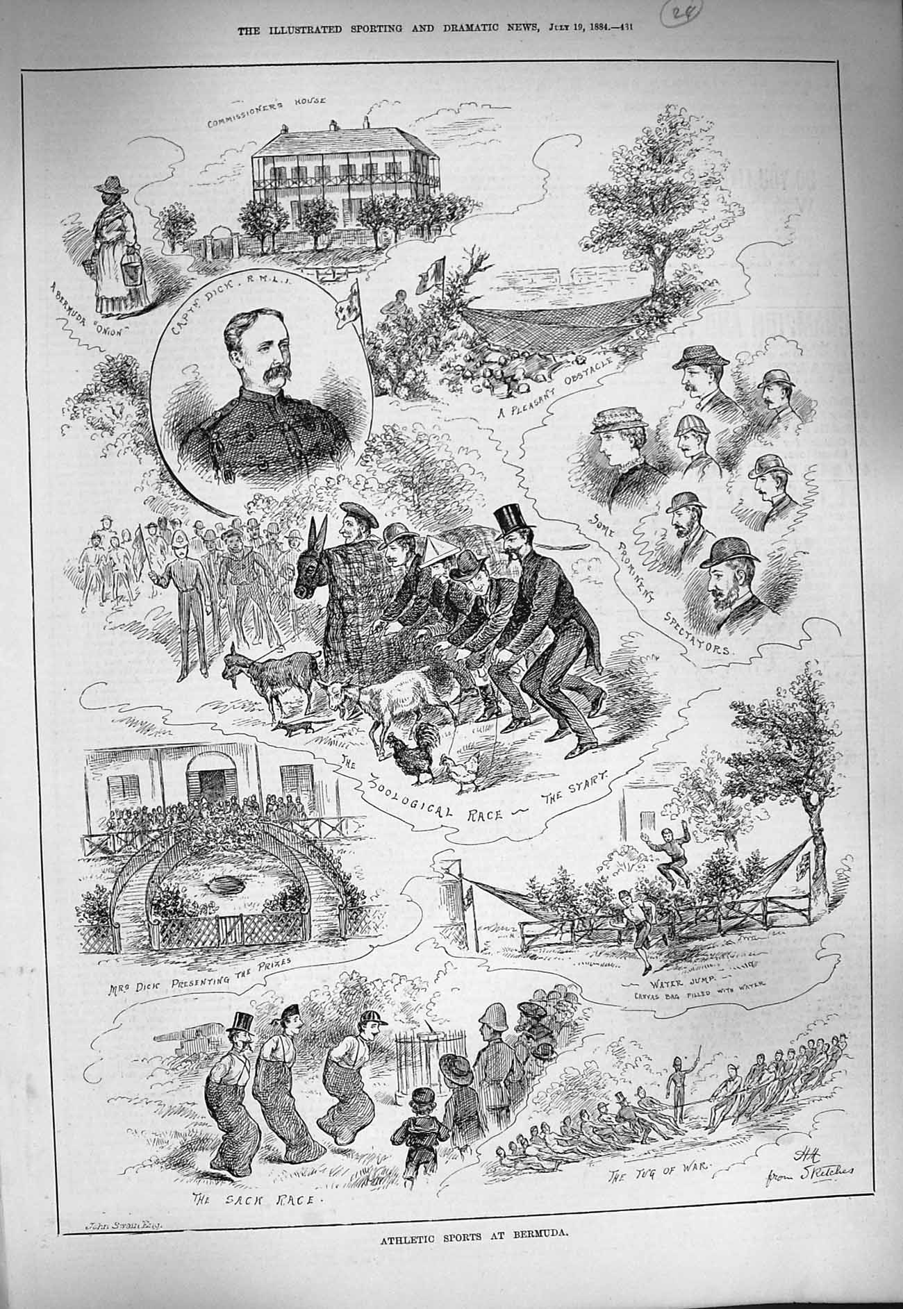 Original Old Antique Print 1884 Athletic Sports Bermuda Sack Race Dick Obstacle