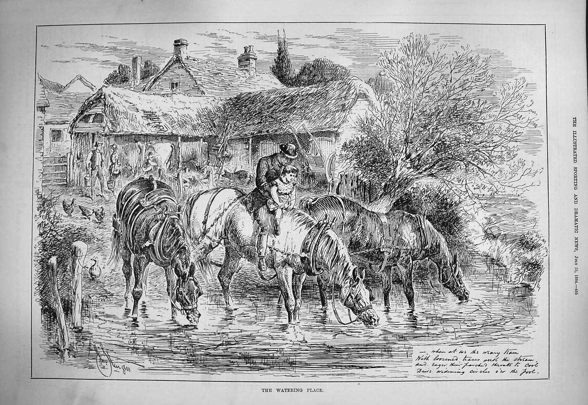 Original Old Antique Print 1884 Watering Place Horses Houses Farmyard Victorian