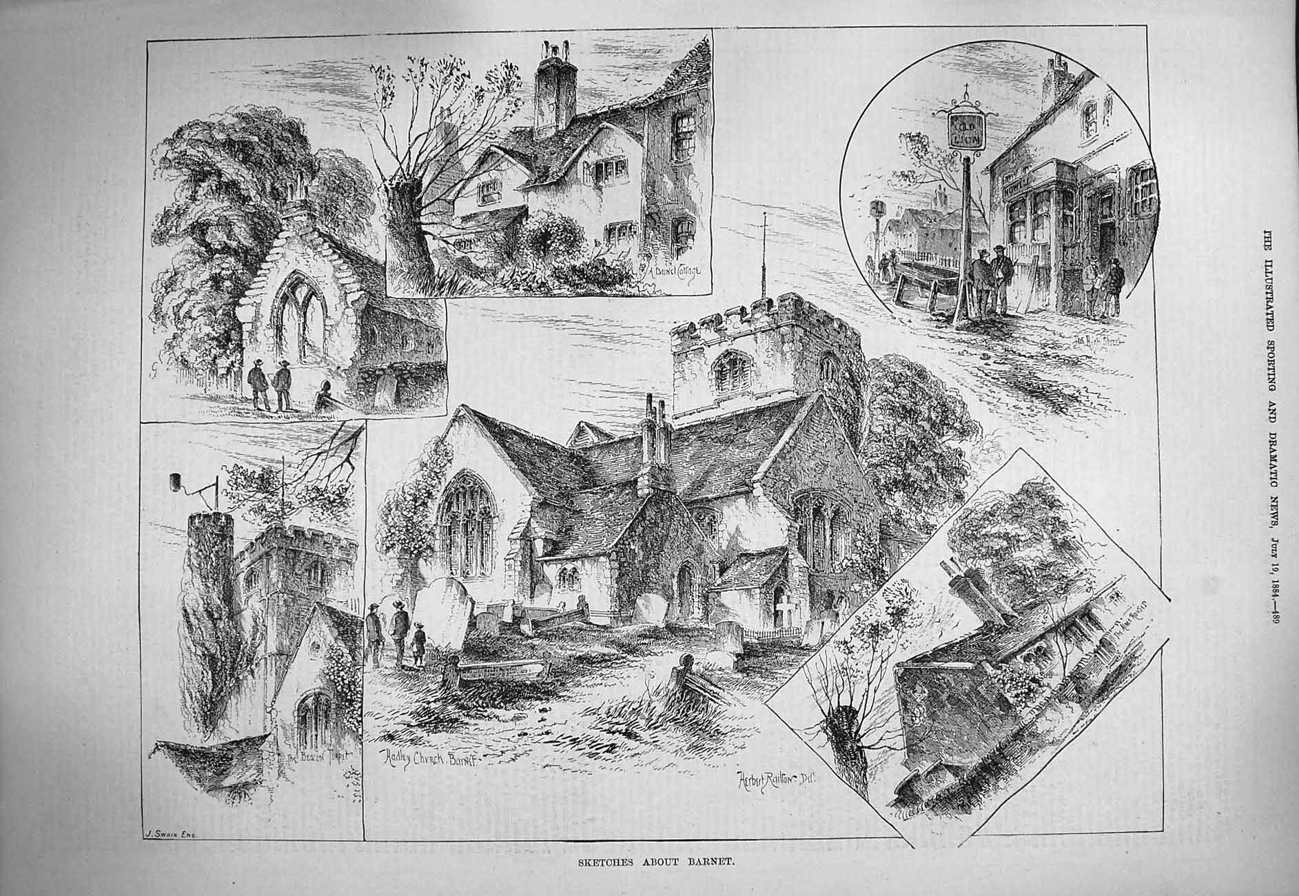 Original Old Antique Print 1884 Barnet Hadley Church Lion Inn Buildings 19th