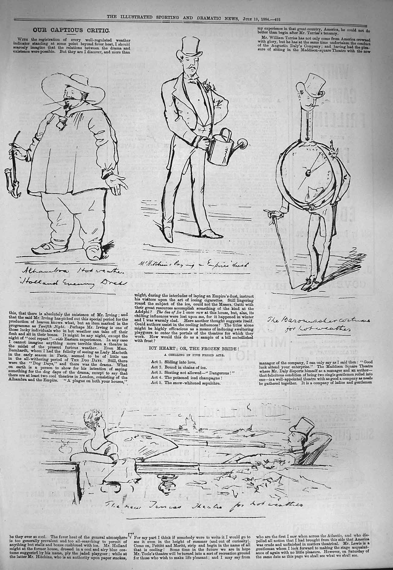 Original Old Antique Print 1884 Captious Critic Theatre Actors Cartoons 19th