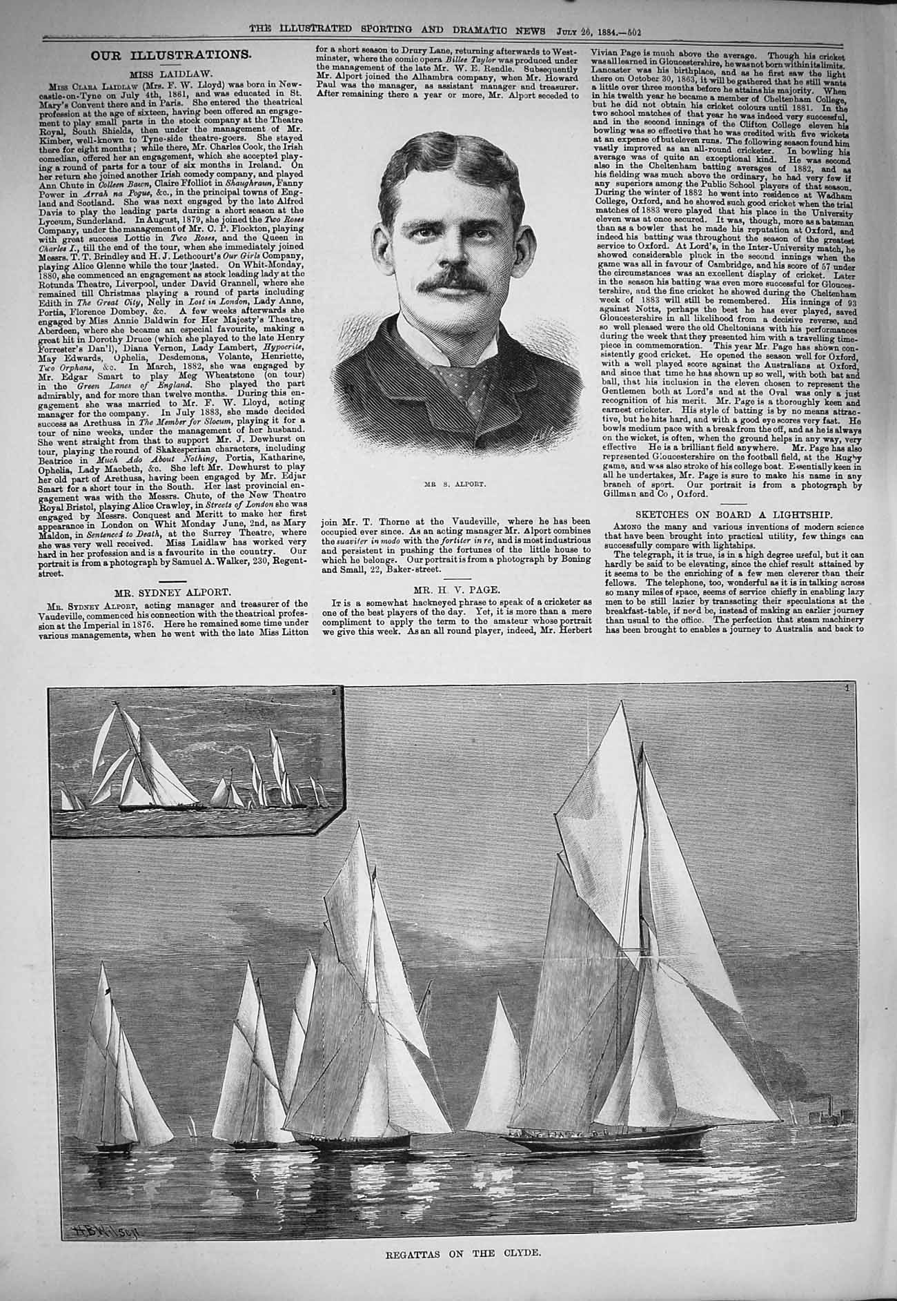 Old Antique Print 1884 Sydney Alport Regattas River Clyde Yachting Sport 19th
