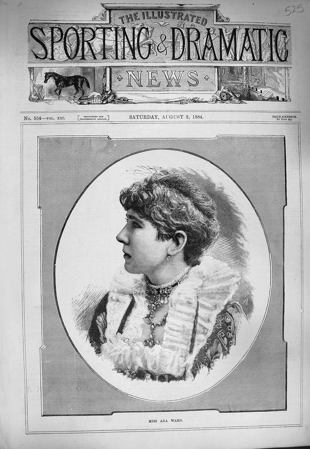 Original Old Antique Print 1884 Portrait Miss Ada Ward Beautiful Woman 19th