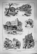 Original Old Antique Print 1884 Arundel Castle Swanbourne Catholic Church Keep