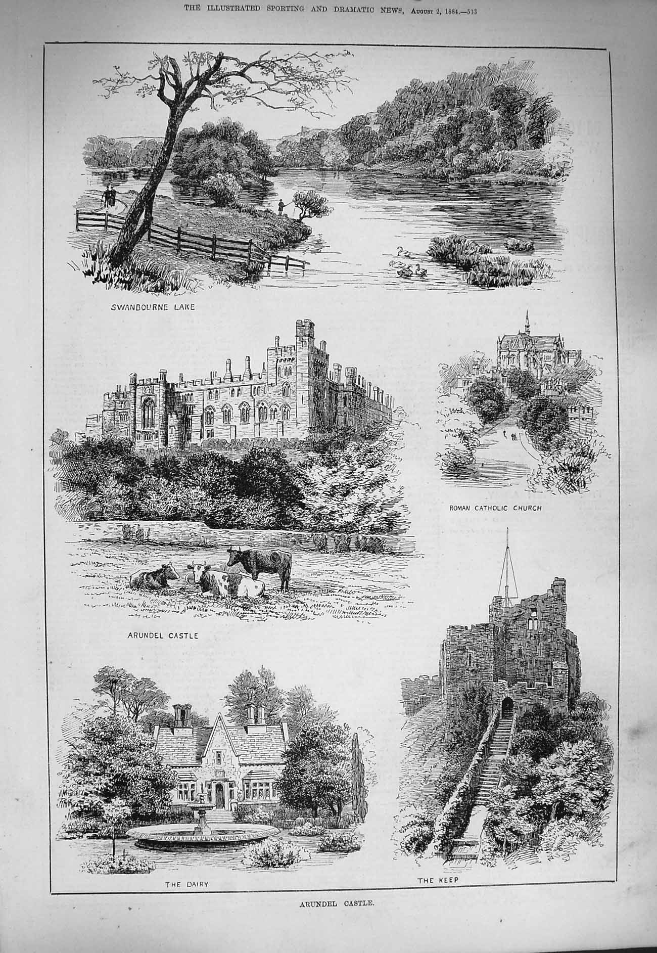 Original Old Antique Print 1884 Arundel Castle Swanbourne Catholic Church Keep