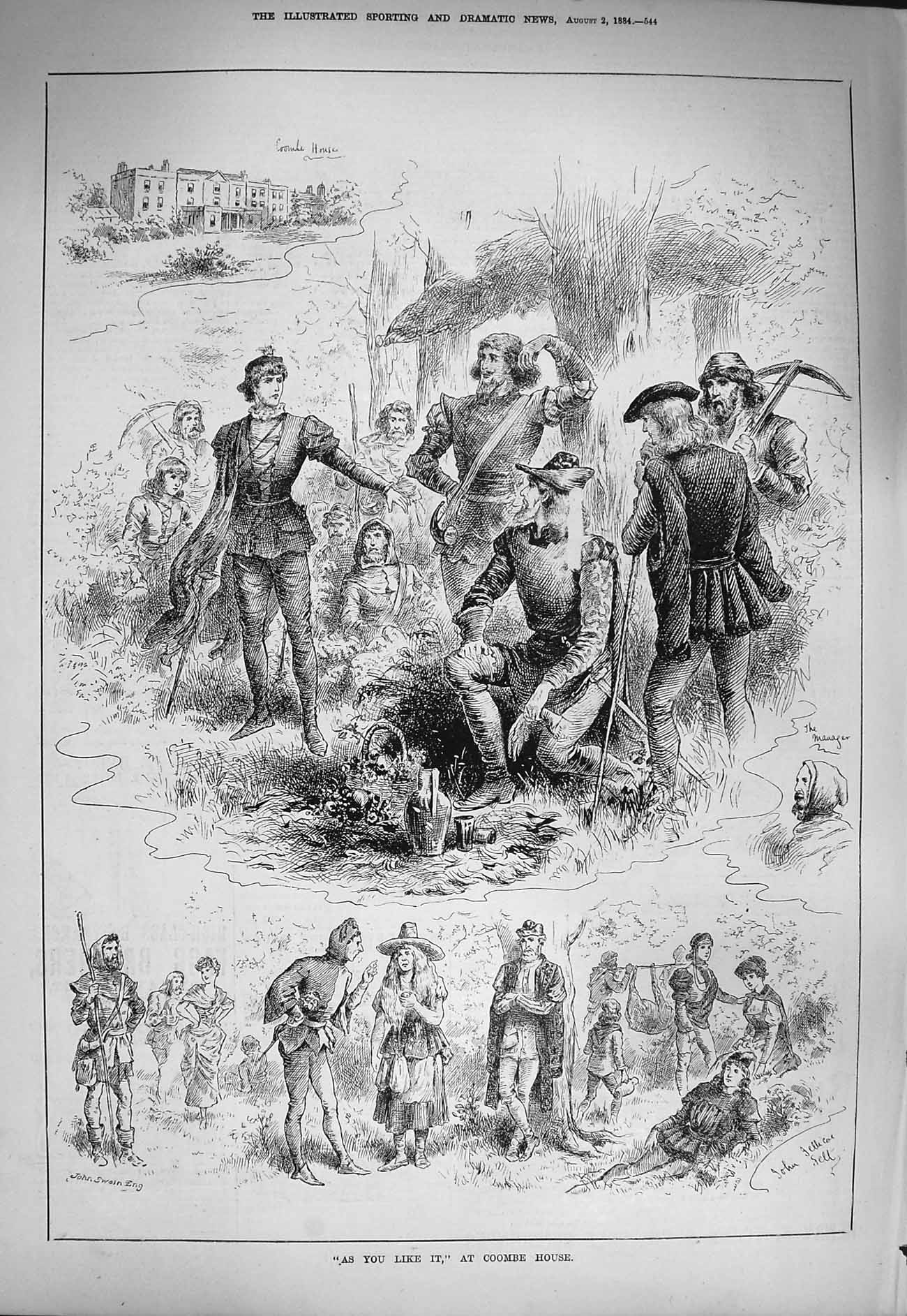 Original Old Antique Print 1884 As You Like It Coombe House Theatre Actors 19th