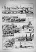 Old Antique Print 1884 Lowestoft Public Gardens Pier Lighthouse Herring 19th