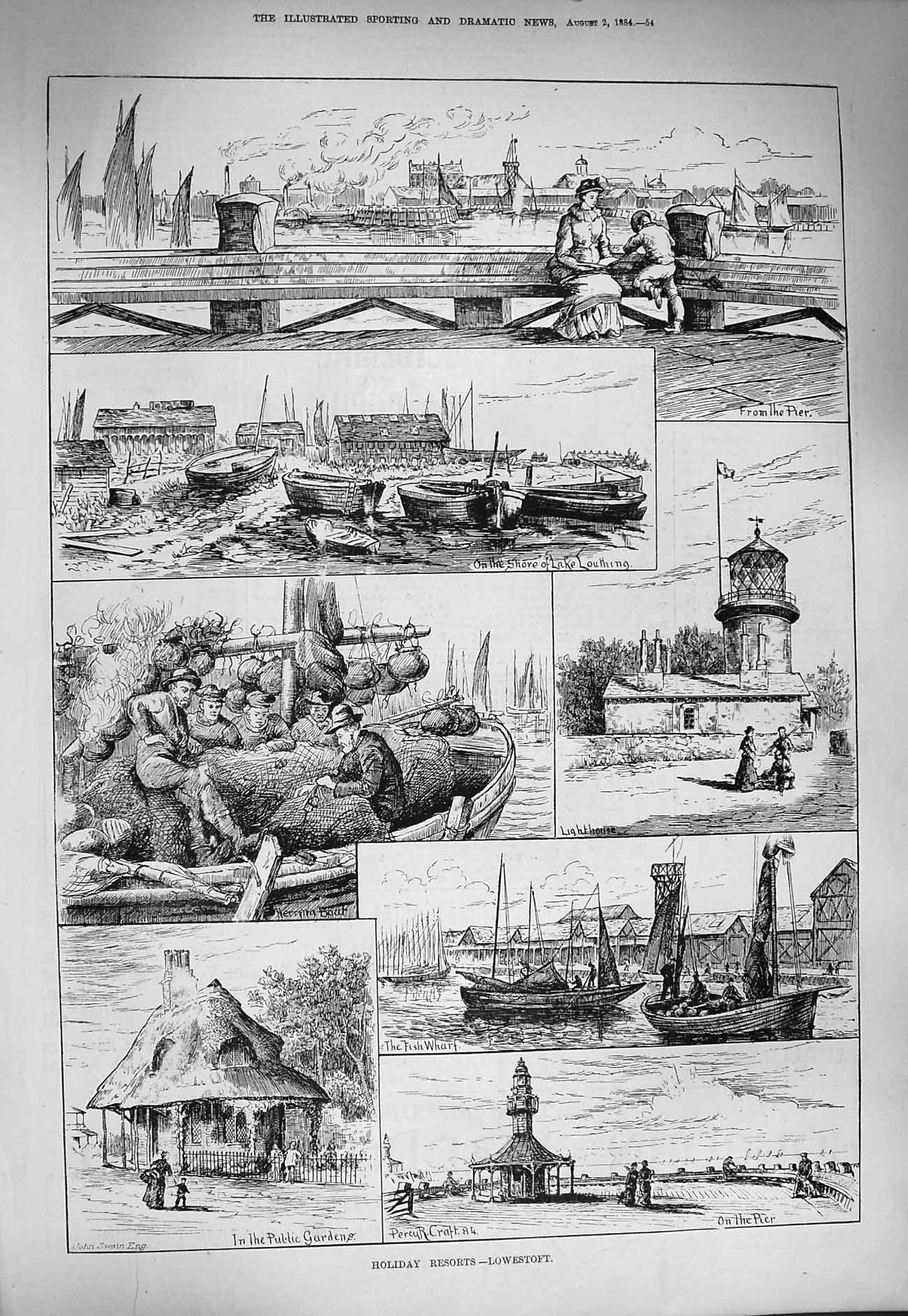 Old Antique Print 1884 Lowestoft Public Gardens Pier Lighthouse Herring 19th