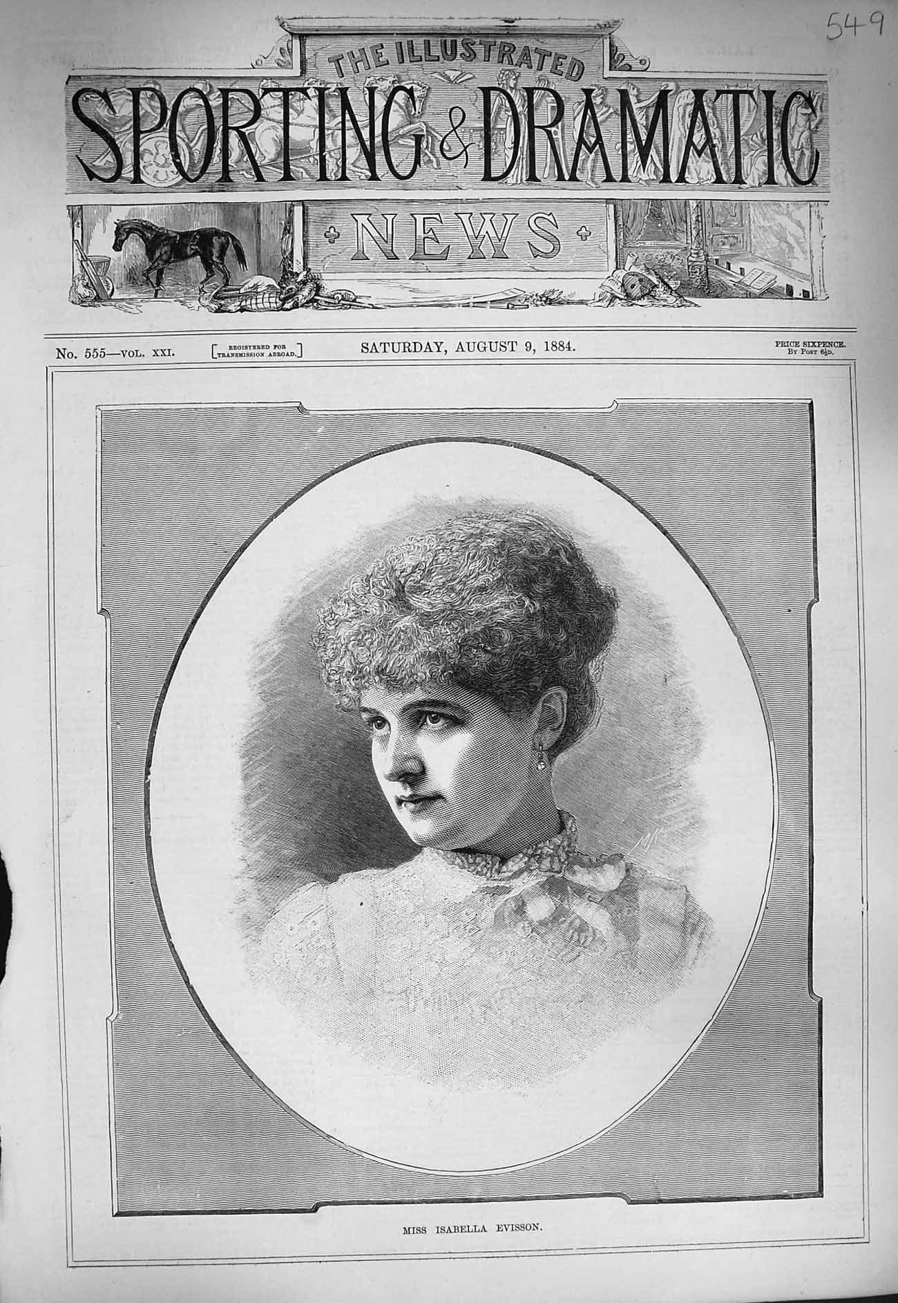 Original Old Antique Print 1884 Portrait Miss Isabella Evisson Lady Woman 19th