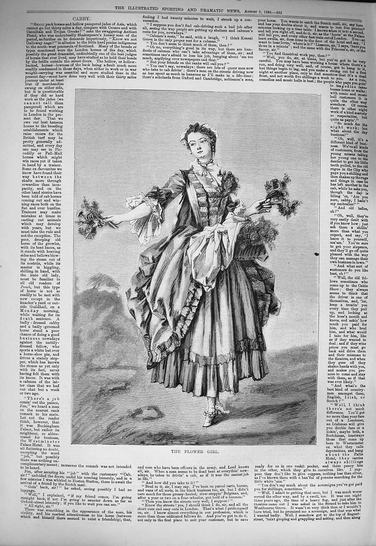 Original Old Antique Print 1884 Portrait Beautiful Flower Girl 19th