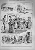 Original Old Antique Print 1884 Hastings Seaside Beach Resort Fishing Boats