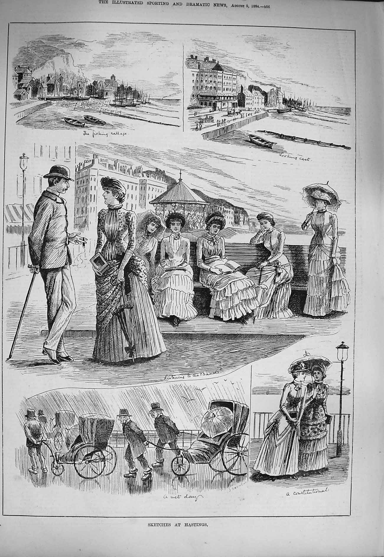 Original Old Antique Print 1884 Hastings Seaside Beach Resort Fishing Boats