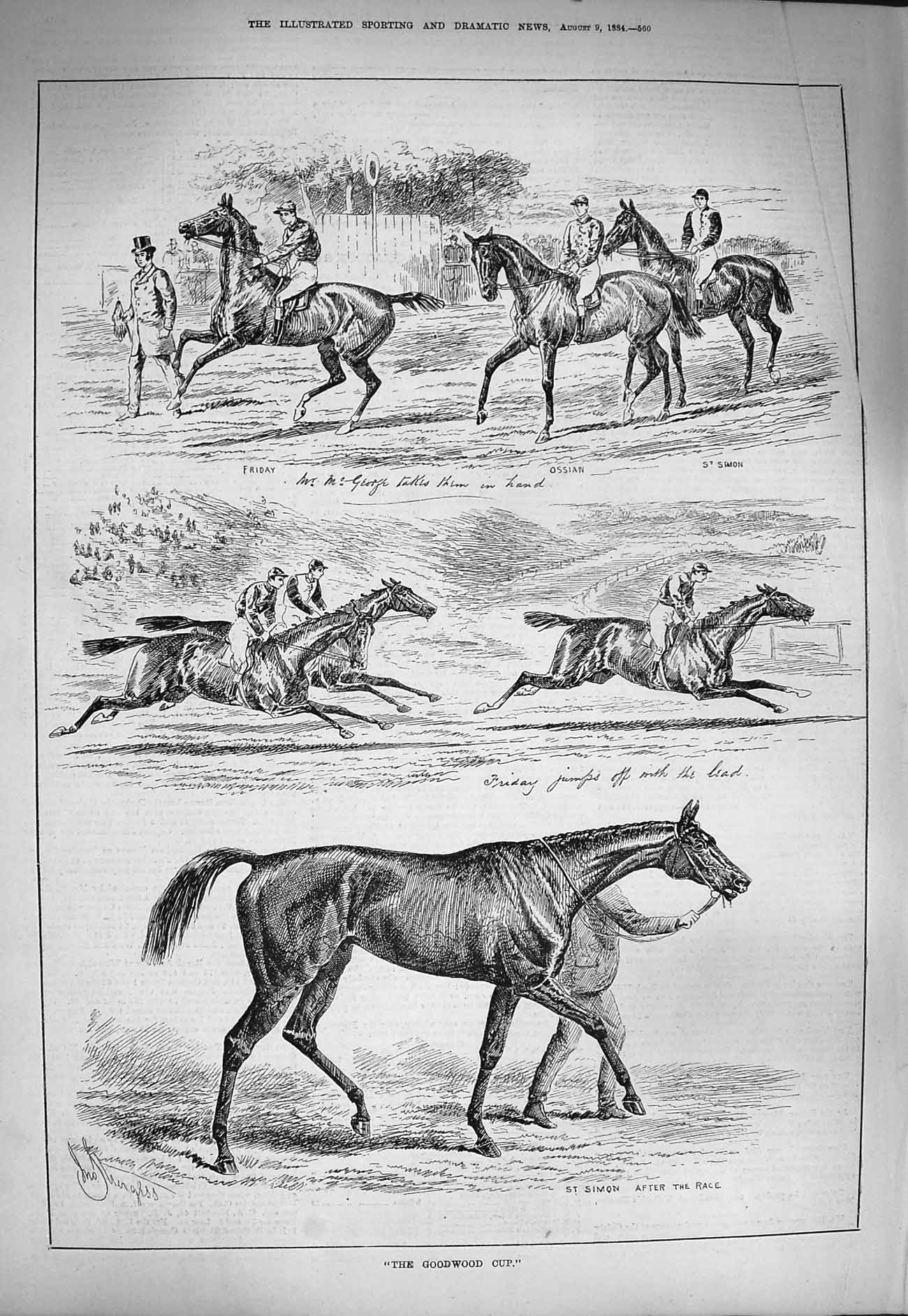 Original Old Antique Print 1884 Goodwood Horse Racing St. Simon Jockeys Sport