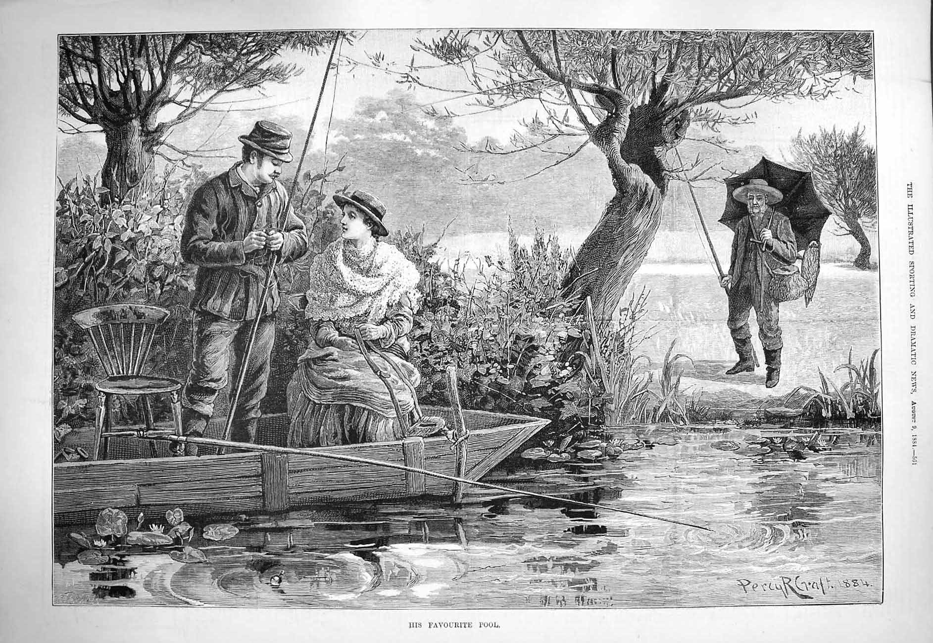 Old Antique Print 1884 Favourite Pool Man Fishing Boat Angler River Boat 19th