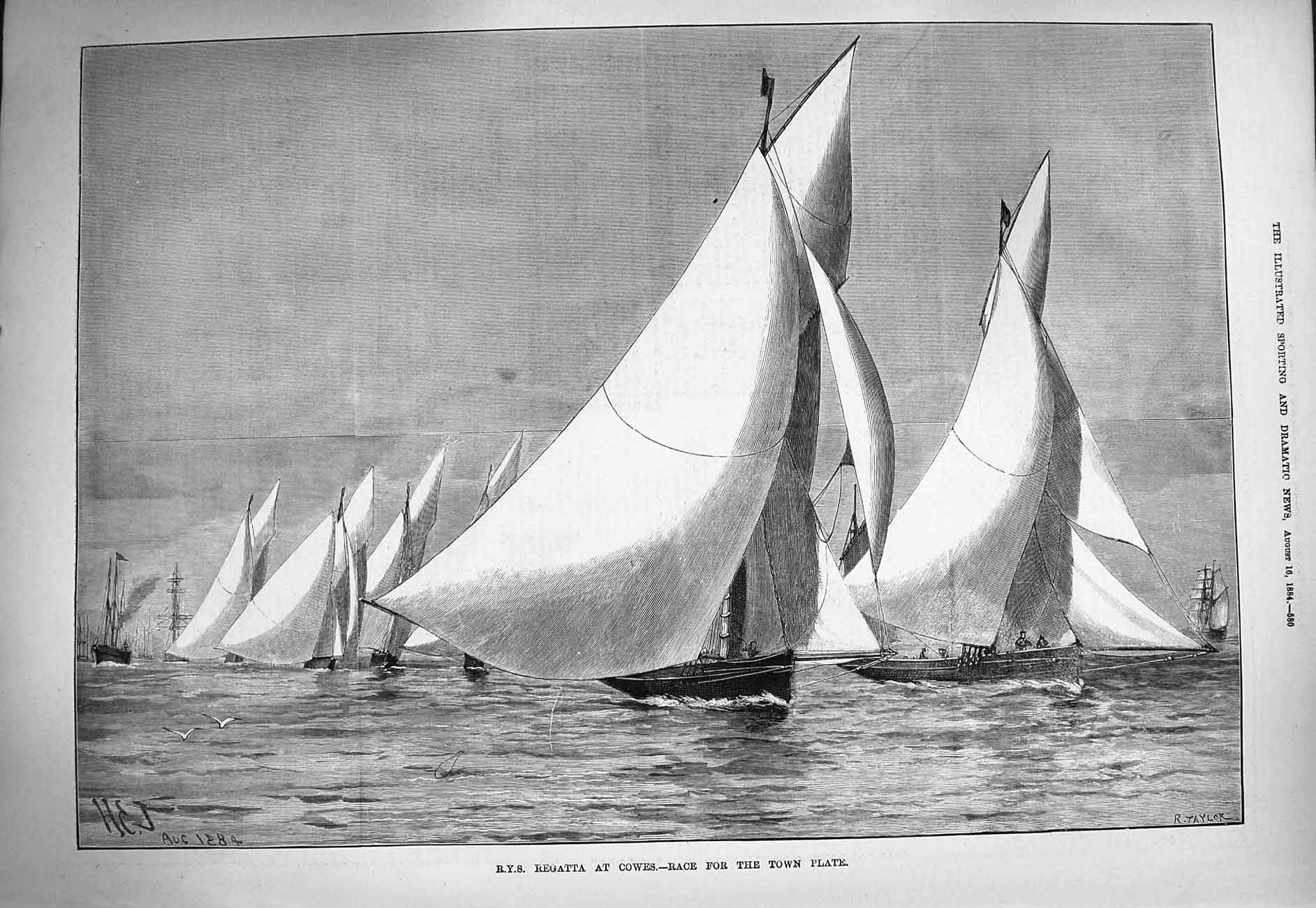 Original Old Antique Print 1884 R.Y.S. Regatta Cowes Race Town Plate Sport 19th