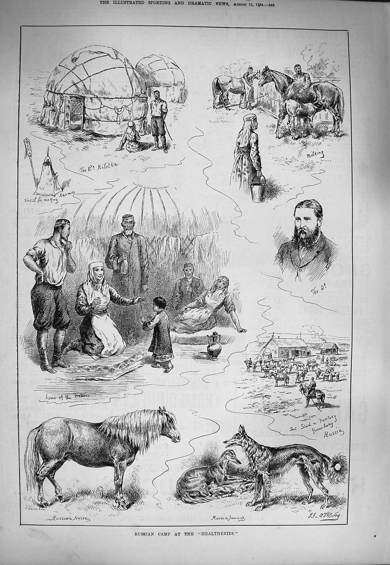 Original Old Antique Print 1884 Russian Camp Healtheries Horse Natives Milking
