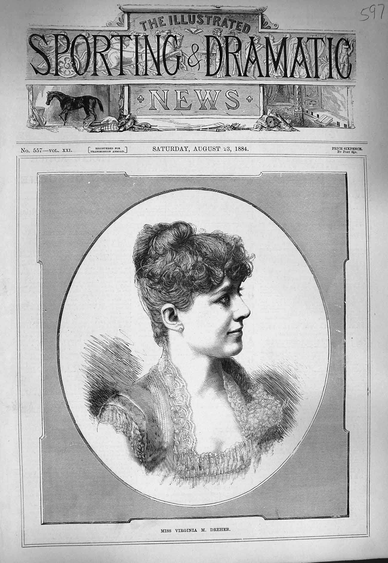 Original Old Antique Print 1884 Portrait Miss Virginia Dreher Lady Woman 19th
