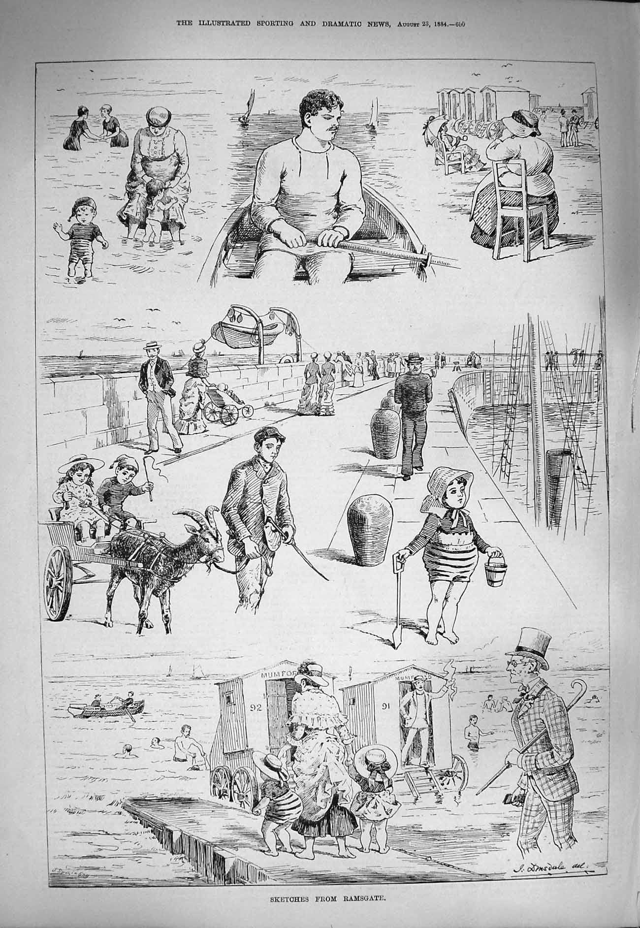 Original Old Antique Print 1884 Ramsgate Seaside Beach Resort Donkeys England