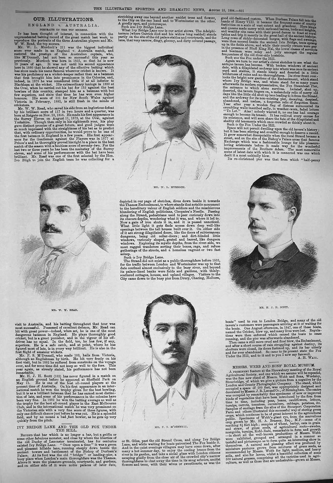 Old Antique Print 1884 Portrait Murdoch Scott Read M'Donnell Cricket Men 19th