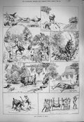 Original Old Antique Print 1884 Elk Hunting India Hounds Dogs Sport Mountains