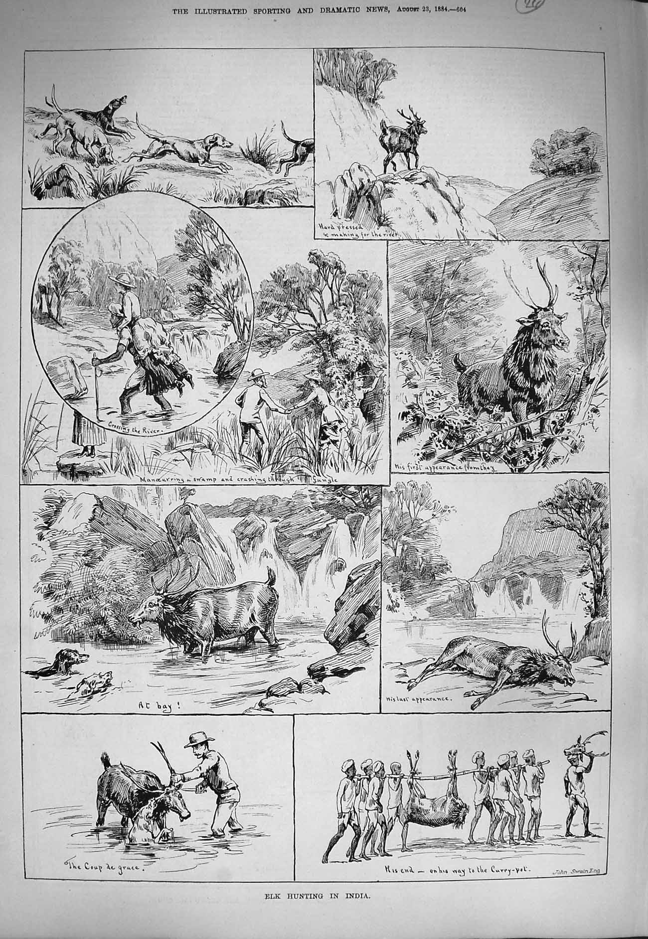 Original Old Antique Print 1884 Elk Hunting India Hounds Dogs Sport Mountains