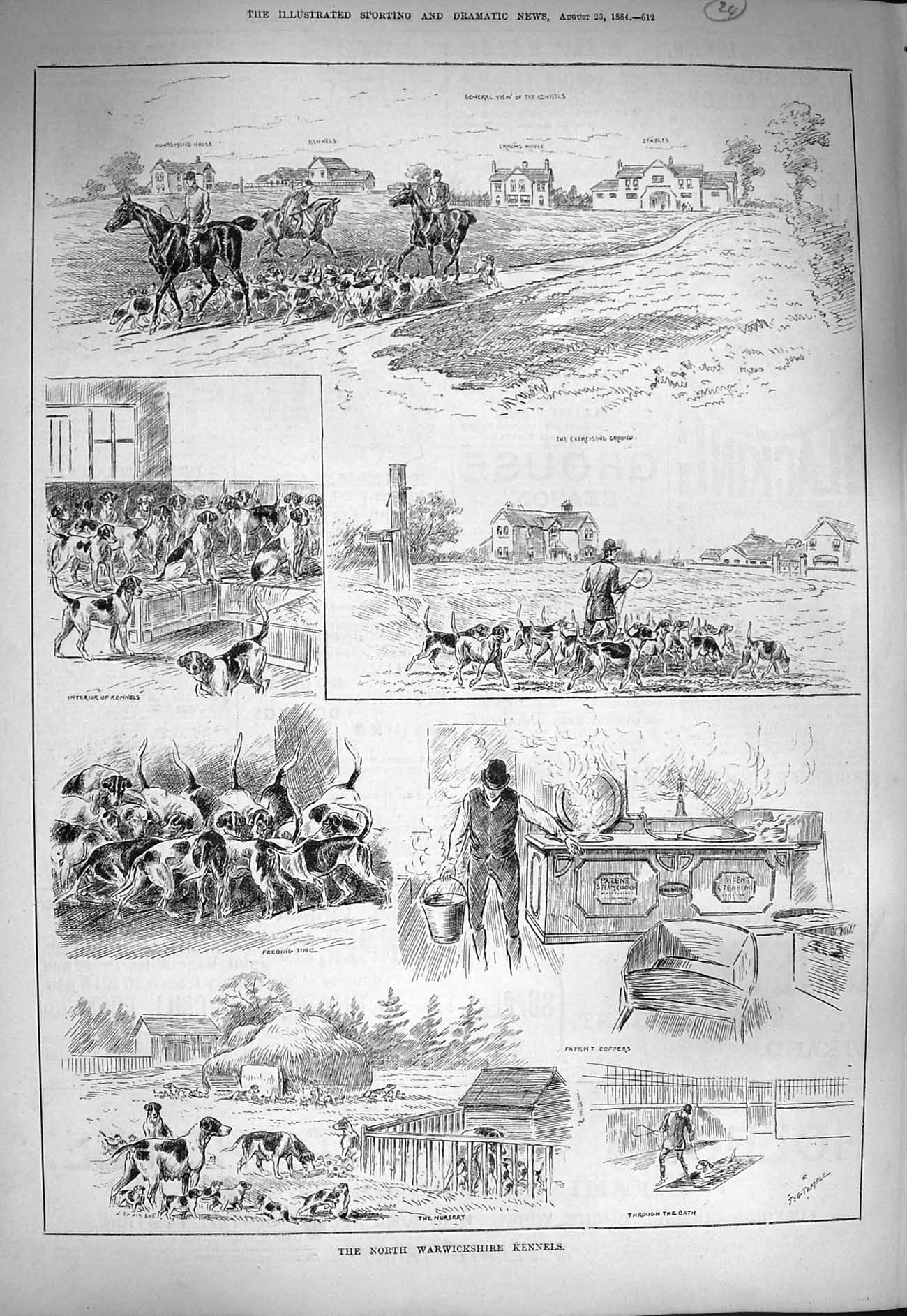 Original Old Antique Print 1884 Warwickshire Kennels Hunting Hounds Dogs Horses