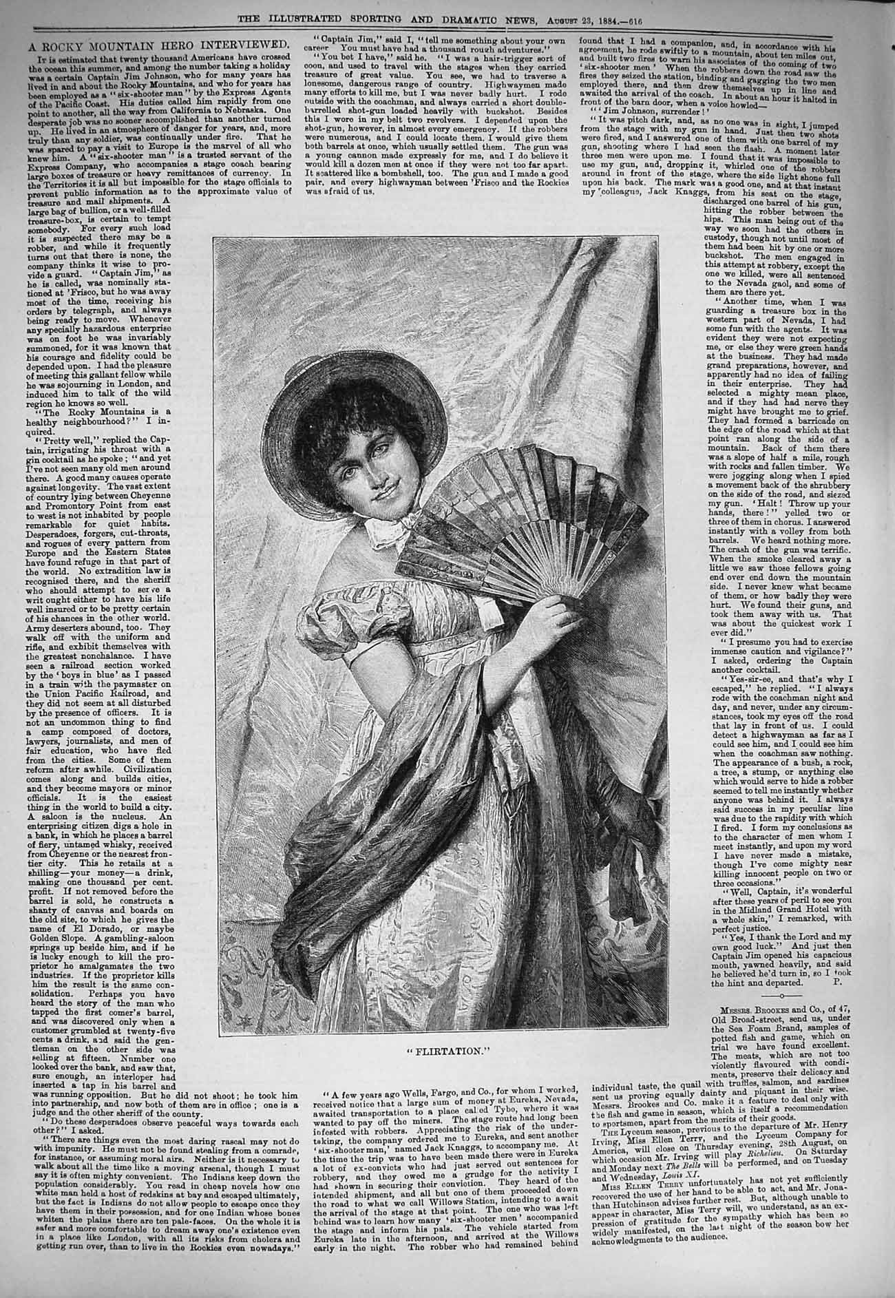 Original Old Antique Print 1884 Flirtation Beautiful Lady Fan 19th