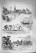 Original Old Antique Print 1884 Great Marlow Richmond Regattas Church Bridge