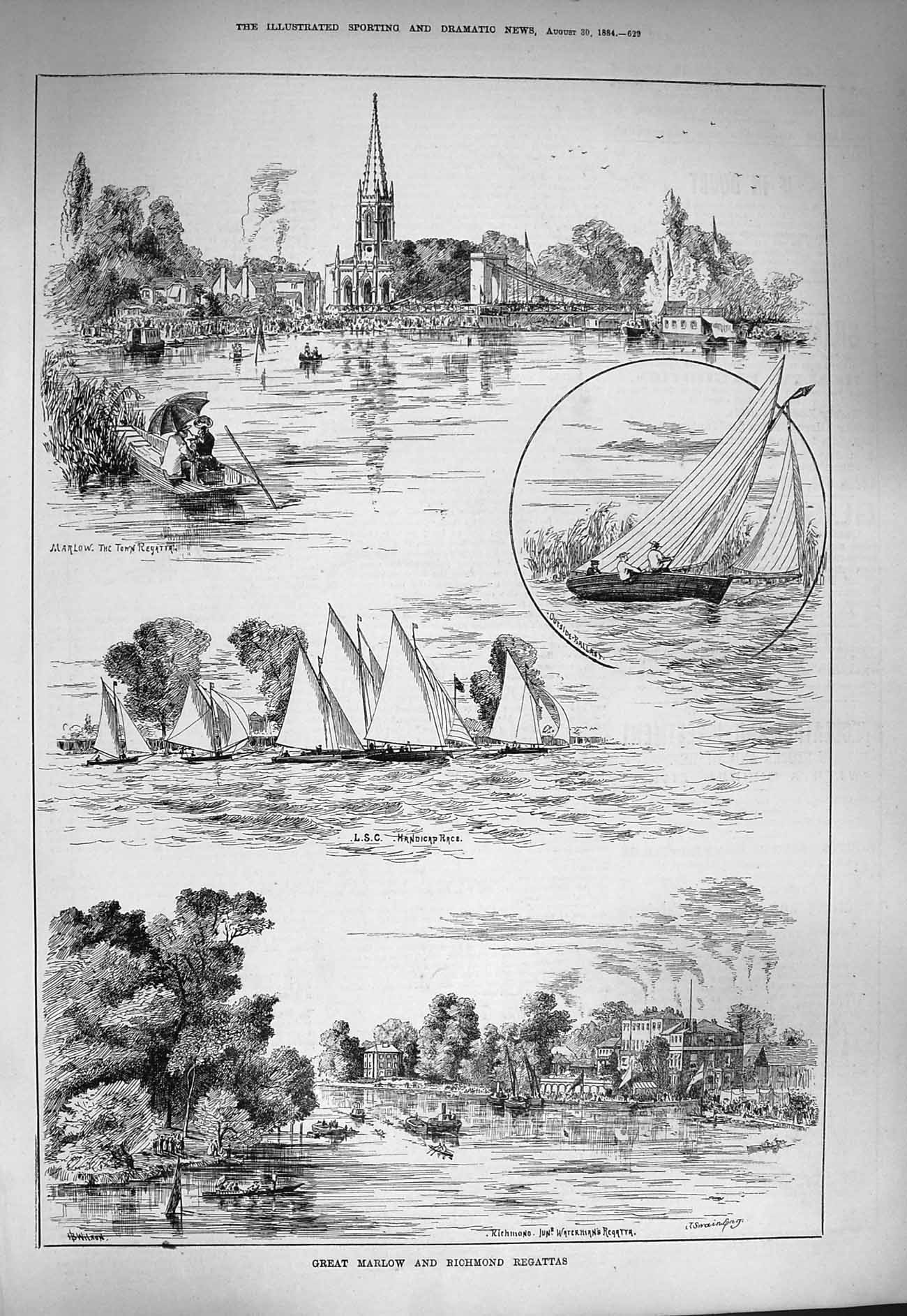 Original Old Antique Print 1884 Great Marlow Richmond Regattas Church Bridge