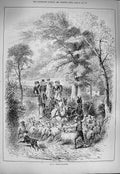 Original Old Antique Print 1884 Countryside Scene Sheep Road Horses Carriage