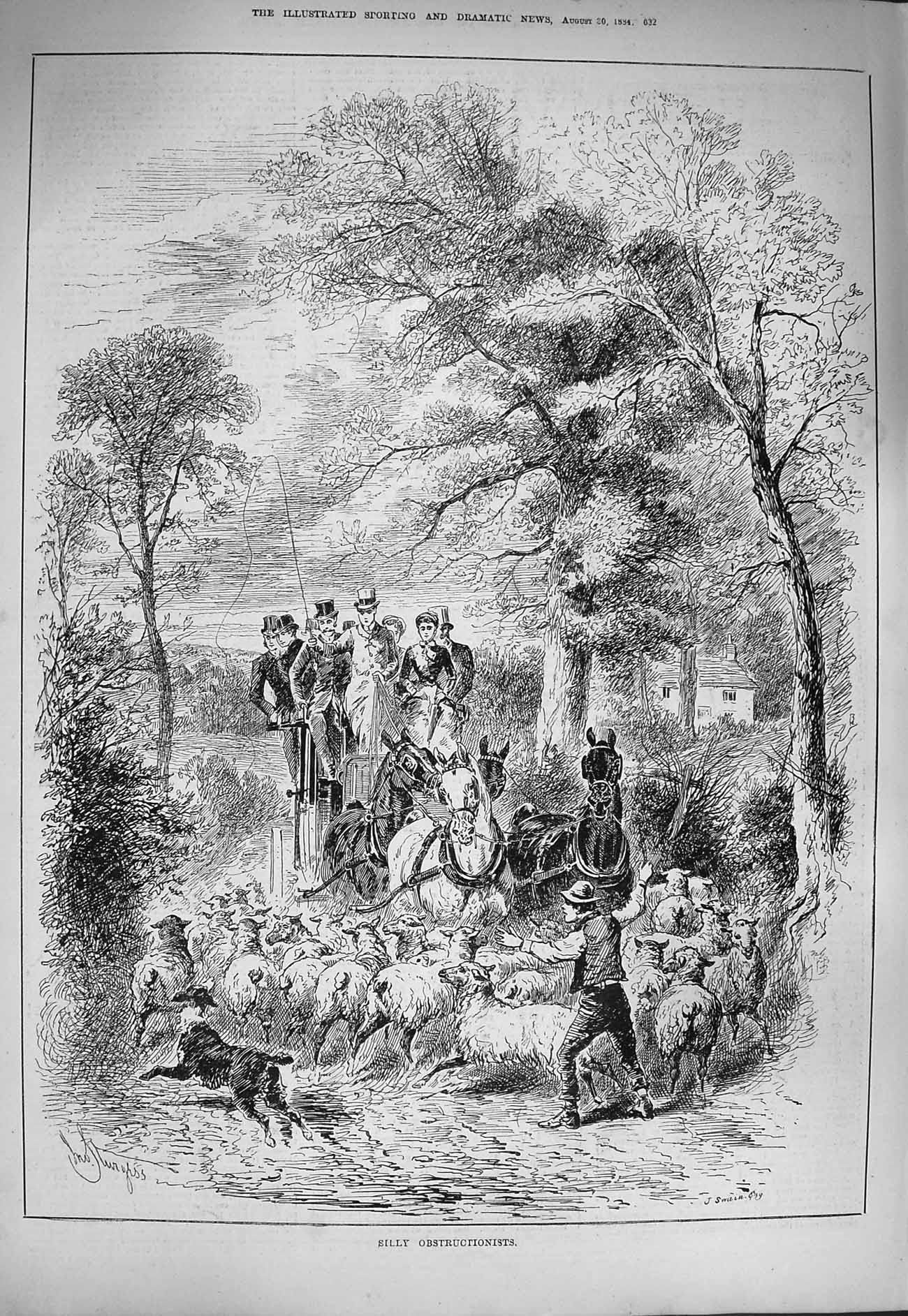 Original Old Antique Print 1884 Countryside Scene Sheep Road Horses Carriage