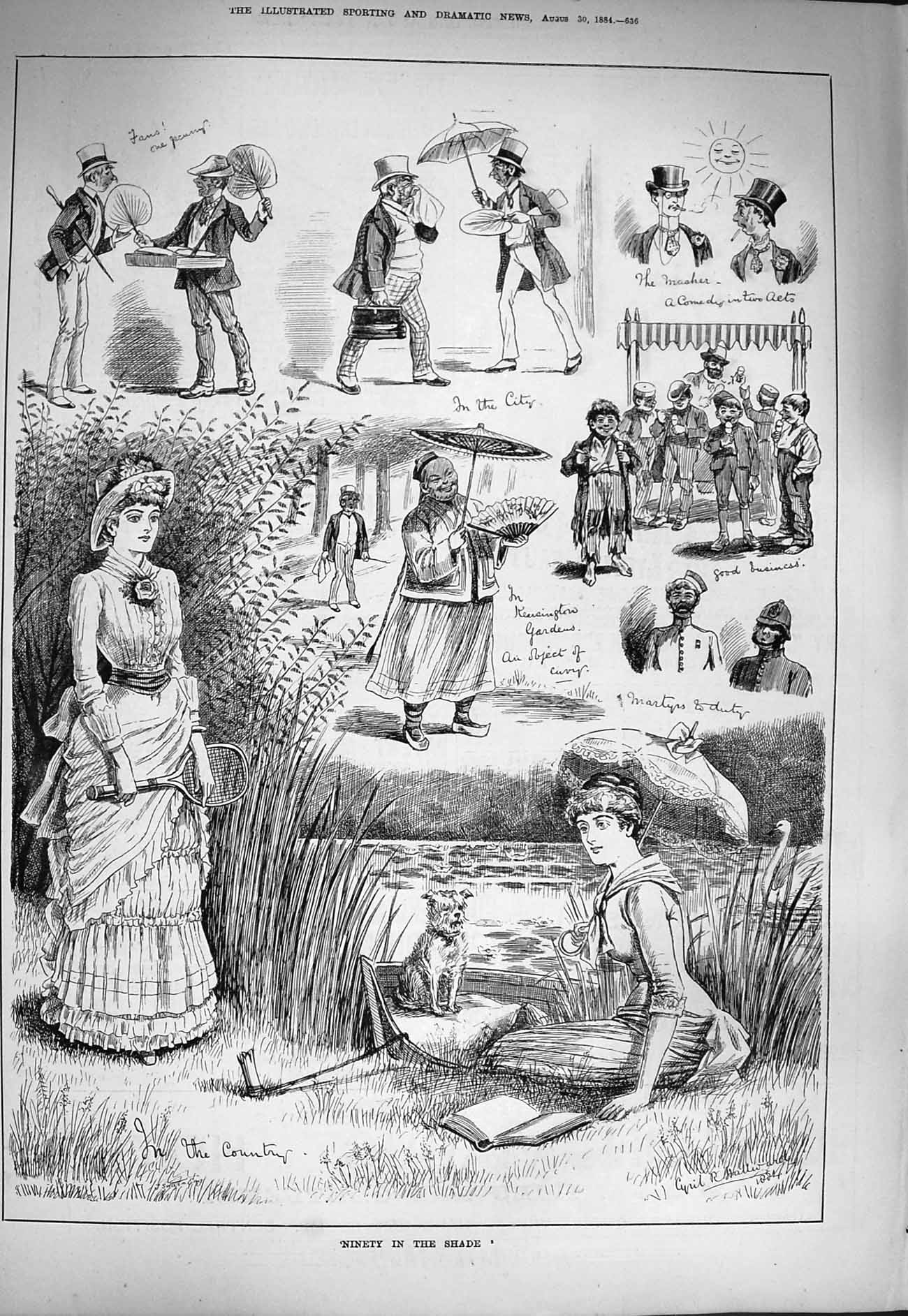 Old Antique Print 1884 Country Scene River Boat Ladies Tennis Kensington 19th