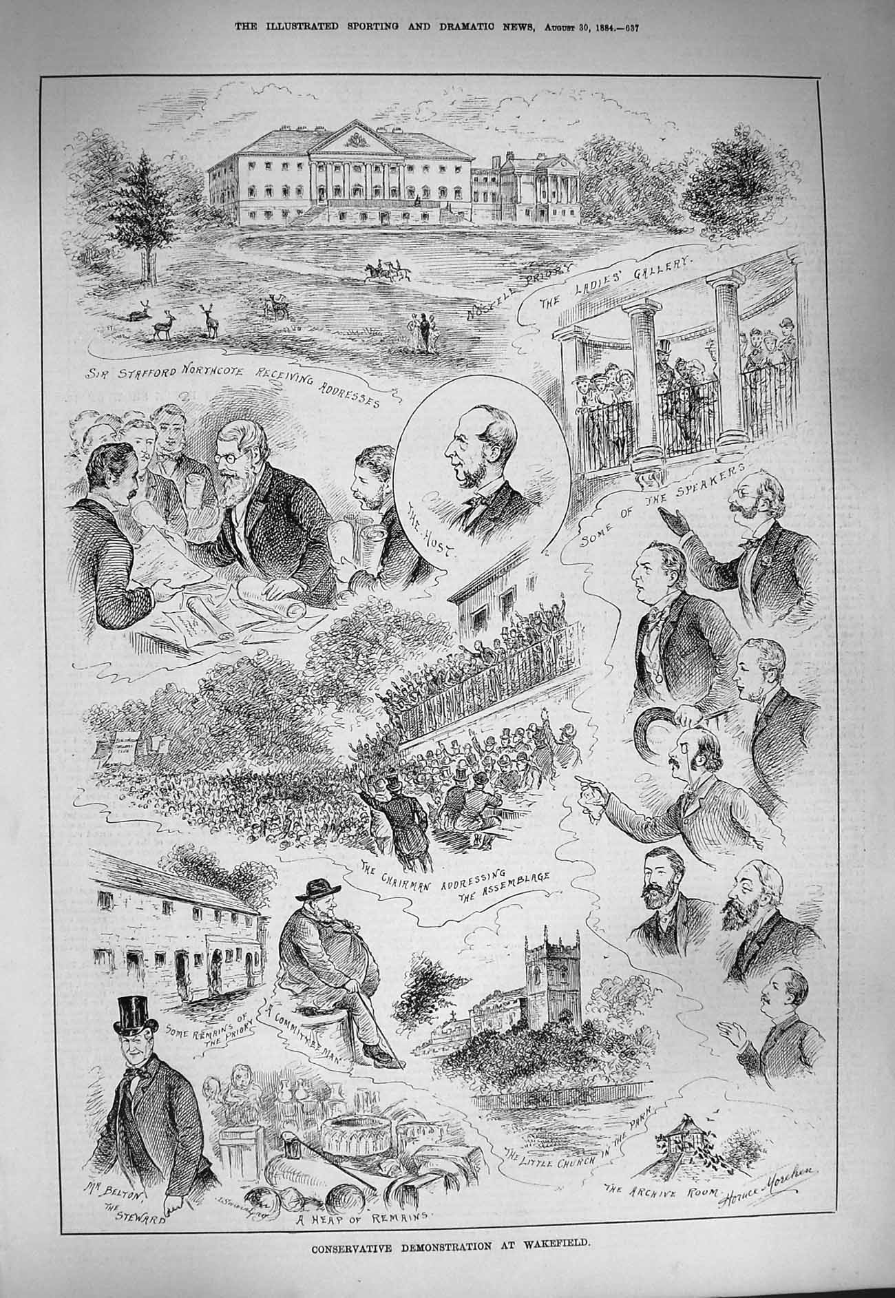 Old Antique Print 1884 Conservative Demonstration Wakefield Church Belton 19th