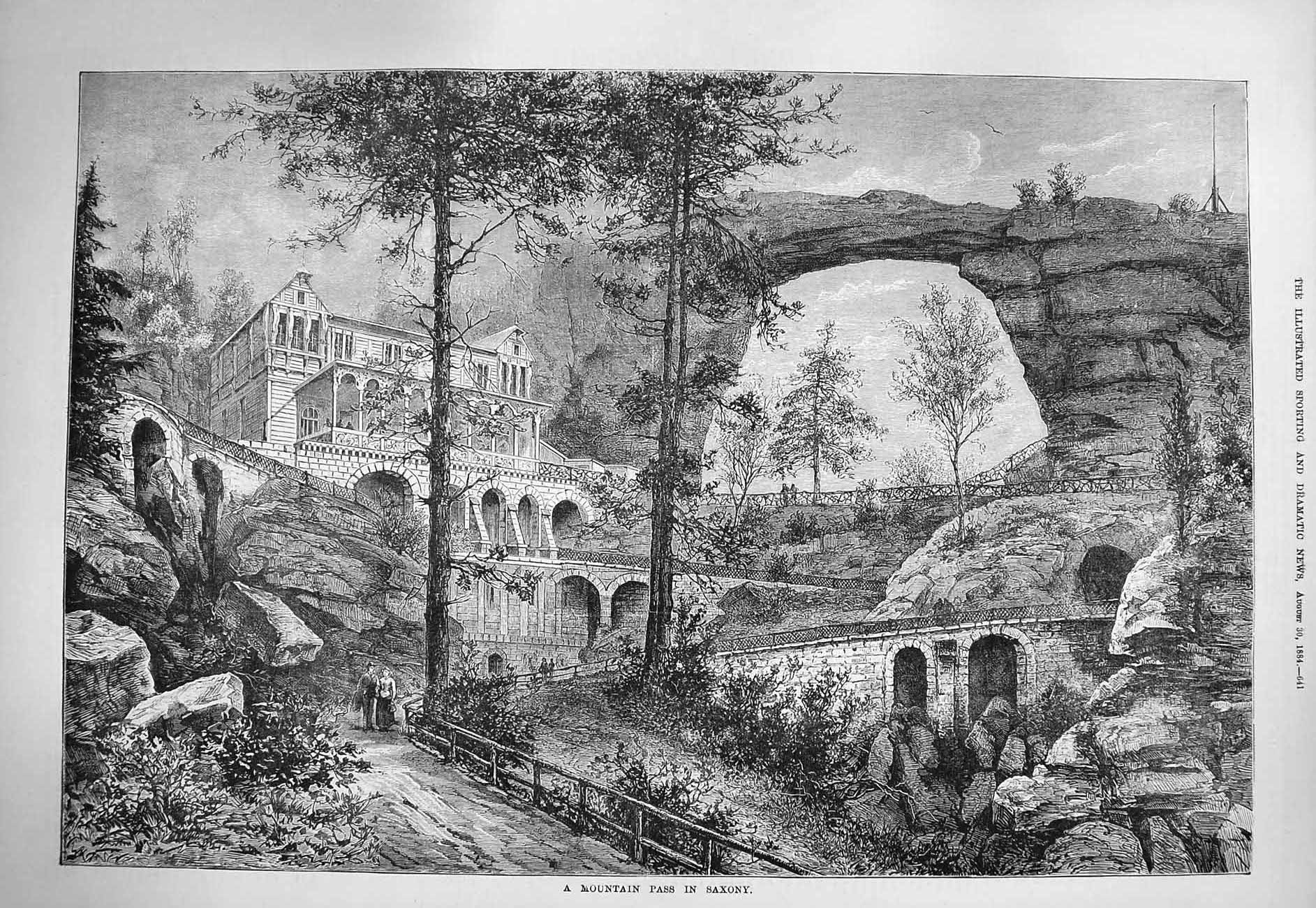 Original Old Antique Print 1884 Mountain Pass Saxony Tunnels House Fine Art