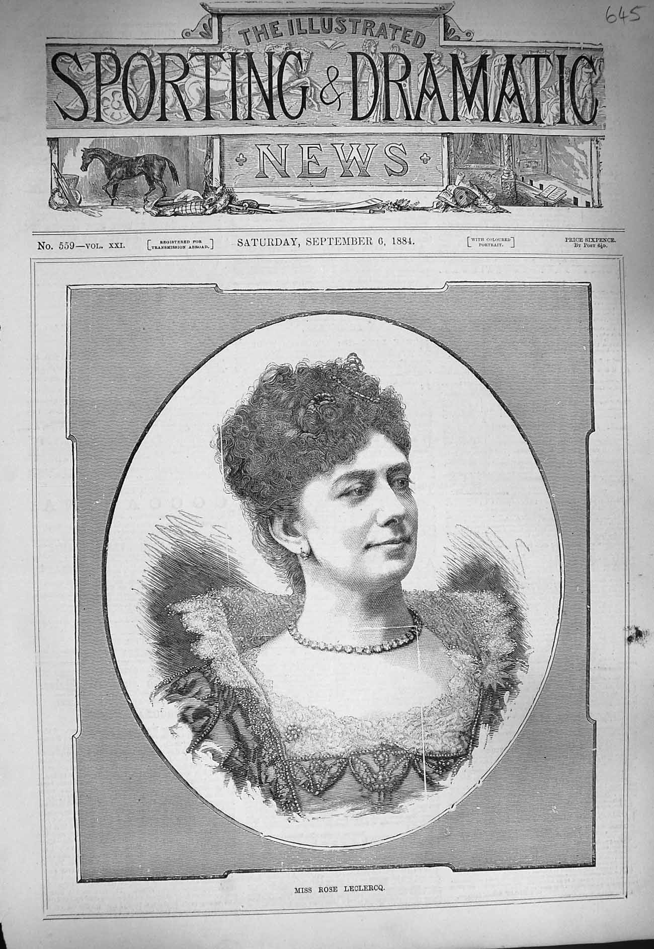 Original Old Antique Print 1884 Portrait Miss Rose Leclercq Beautiful Lady 19th