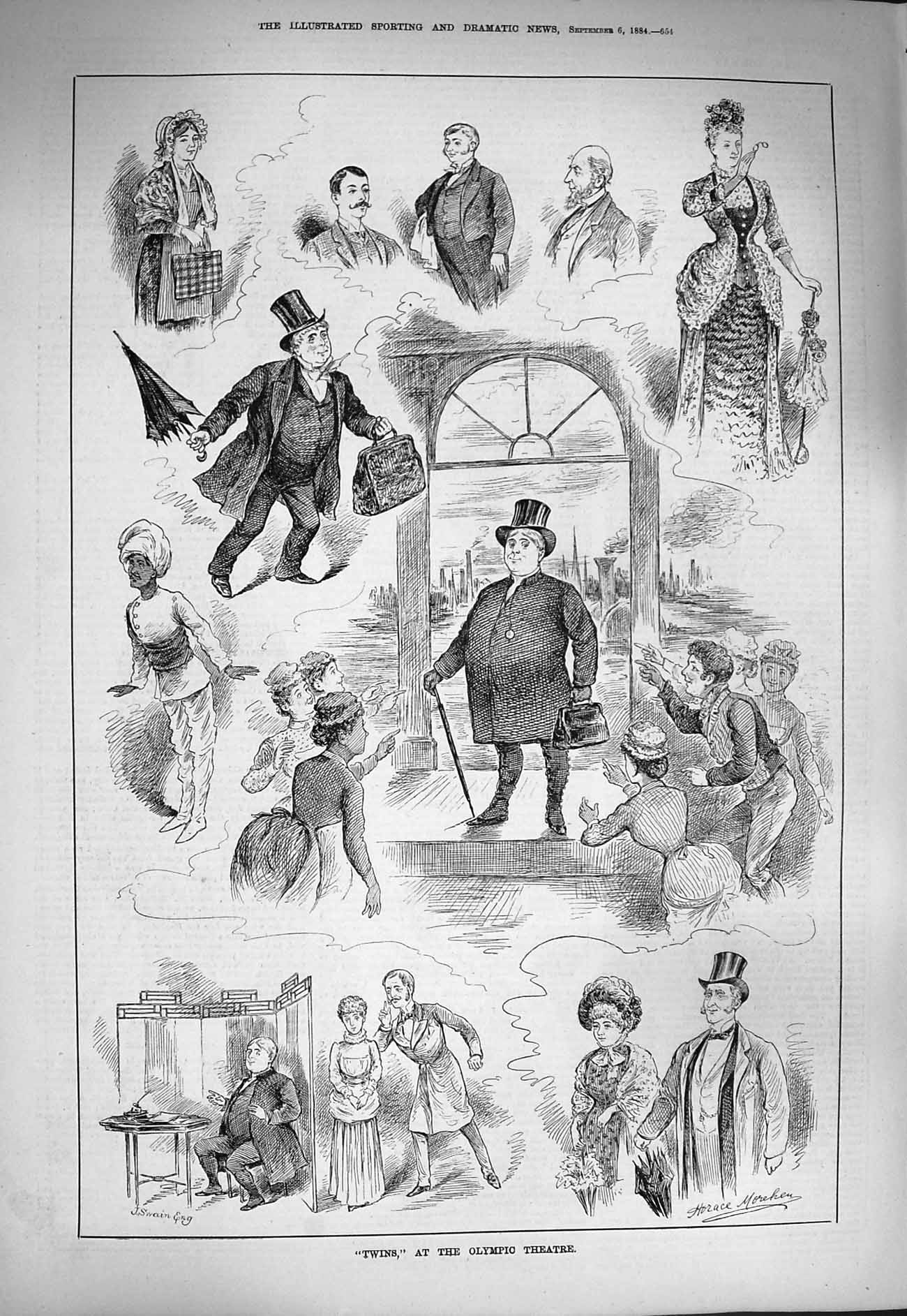 Original Old Antique Print 1884 Twins Olympic Theatre Actors Scene Victorian