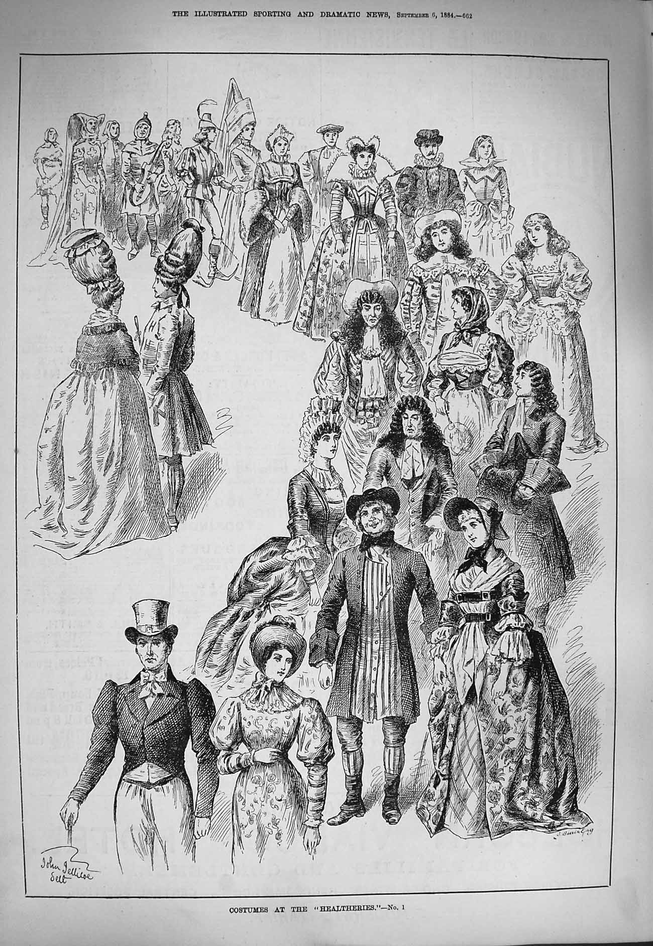 Original Old Antique Print 1884 Costumes Healtheries Fancy Dress Ladies Men