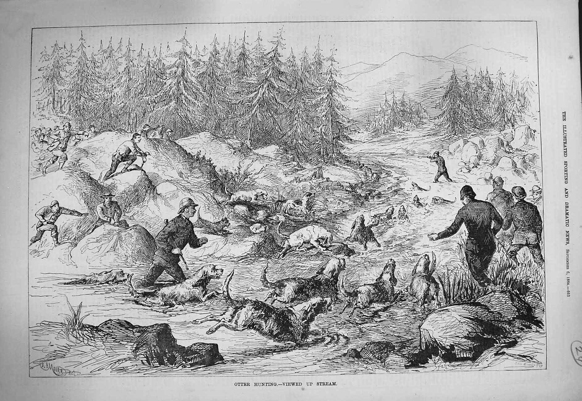 Original Old Antique Print 1884 Otter Hunting River Hounds Dogs Trees Mountains
