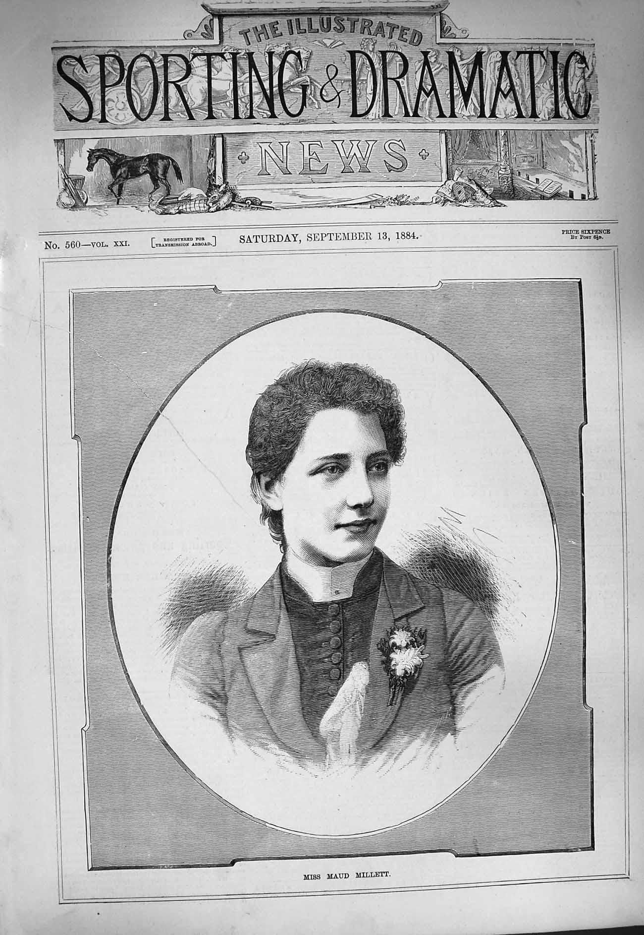 Original Old Antique Print 1884 Portrait Miss Maud Millett Lady Flower 19th