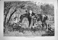 Original Old Antique Print 1884 Orchard Trees Fruit Man Lady Horse Romance Dogs