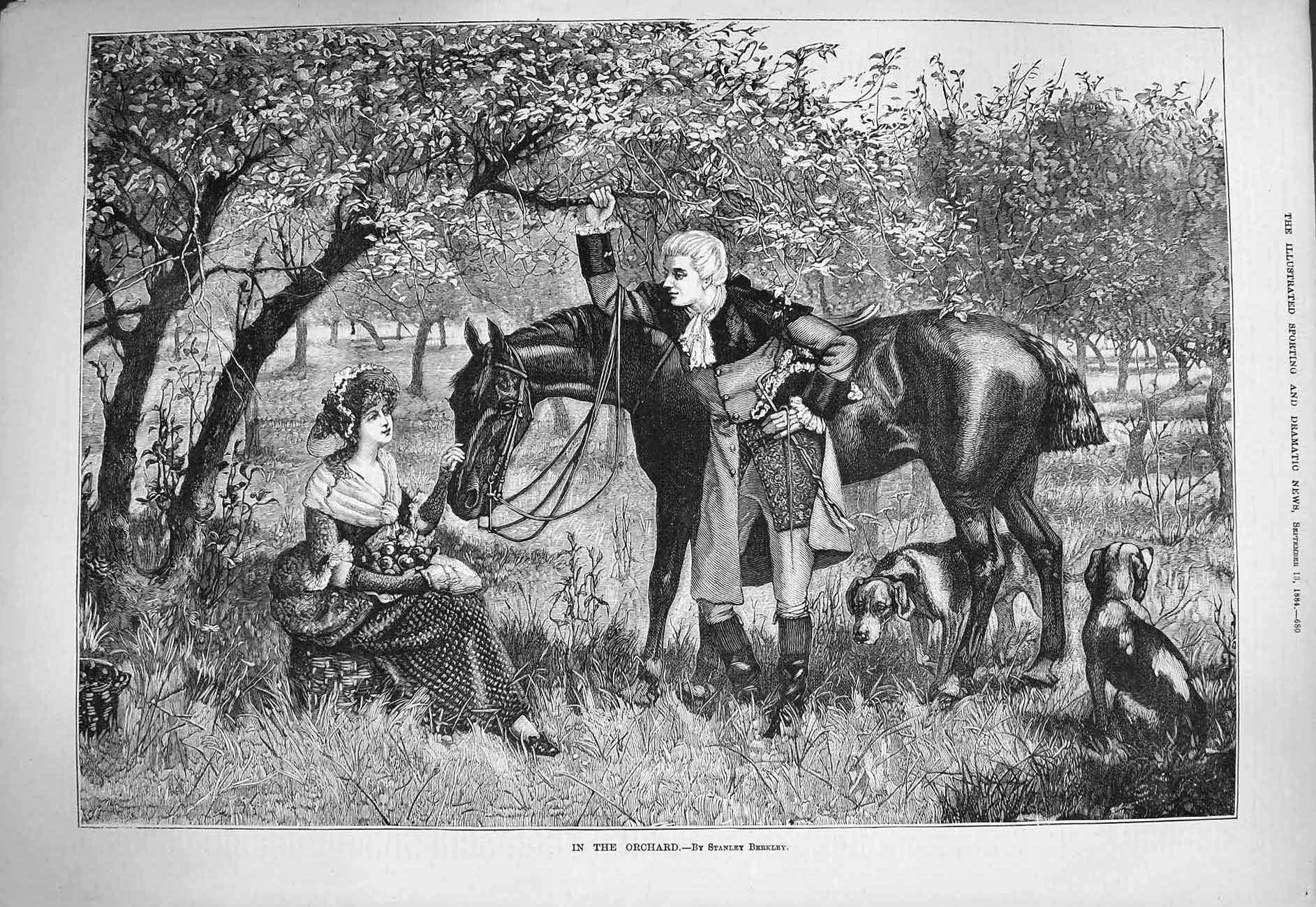 Original Old Antique Print 1884 Orchard Trees Fruit Man Lady Horse Romance Dogs
