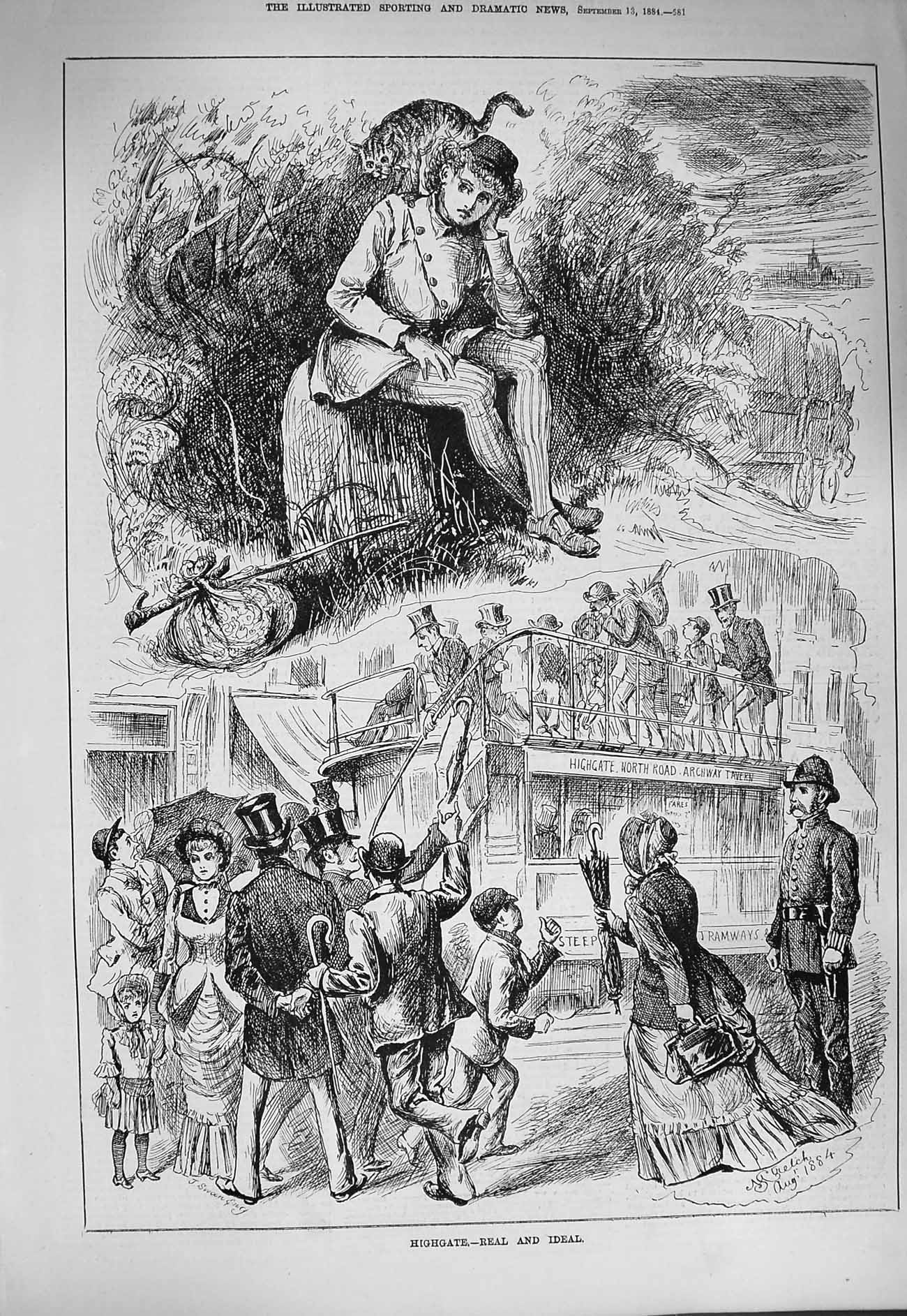 Original Old Antique Print 1884 Highgate Real Ideal Tram Policeman Man Cat 19th
