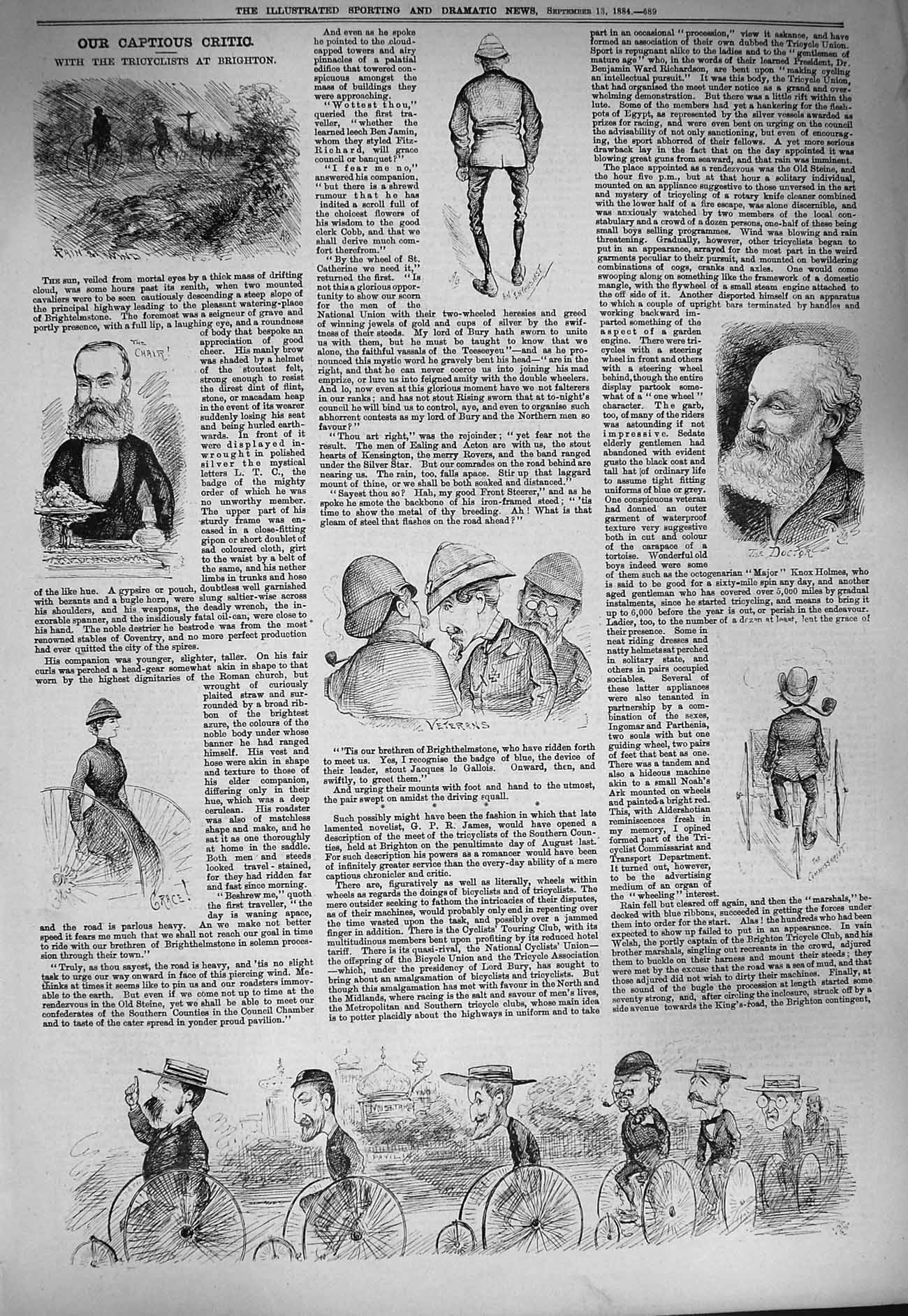Original Old Antique Print 1884 Tricyclists Brighton Veterans Doctor Sport Men