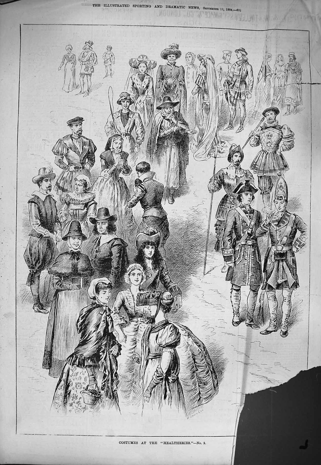 Original Old Antique Print 1884 Damaged Costumes Healtheries Theatre Victorian