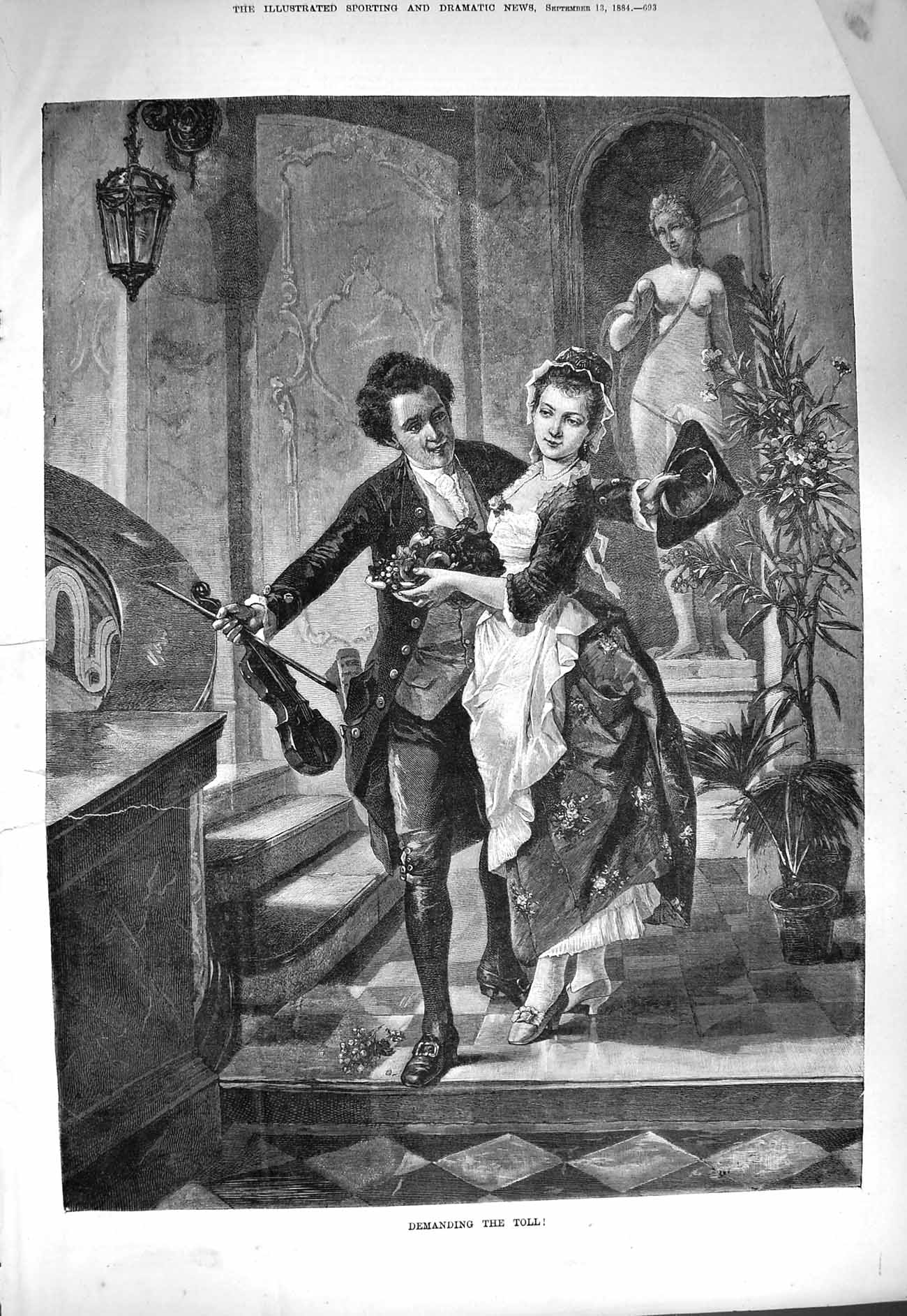 Original Old Antique Print 1884 Damaged Lady Man Romance Demanding Toll 19th