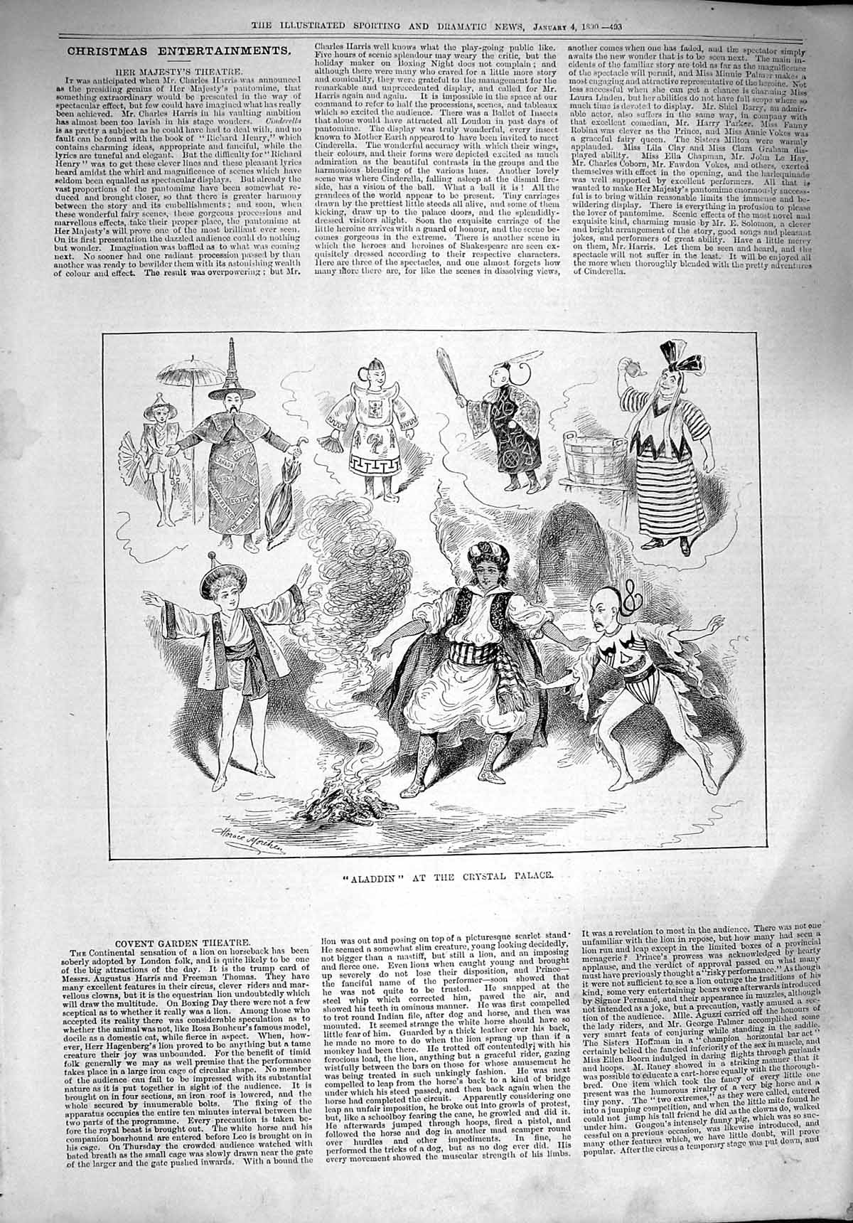 Original Old Antique Print 1890 Aladdin Crystal Palace Theatre Actors Costumes