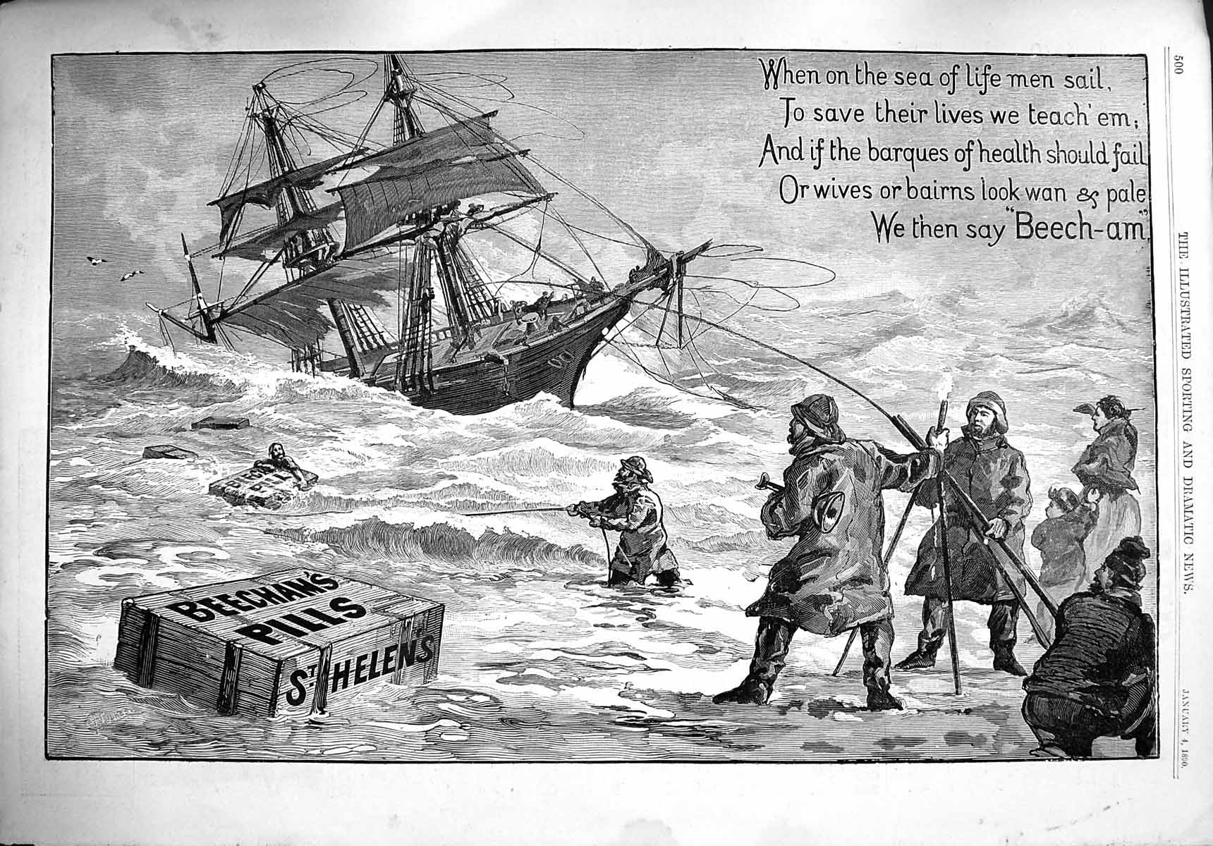 Original Old Antique Print 1890 Advertisement Beechams Pills Medicine Ship Sea