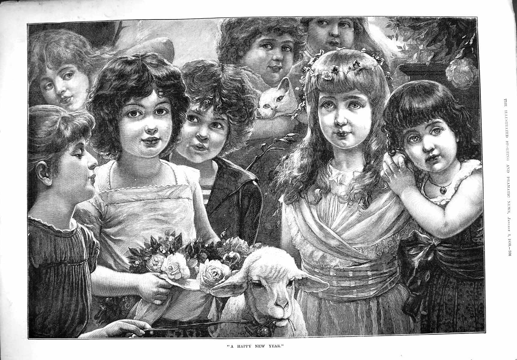 Original Old Antique Print 1890 Happy New Year Children Flowers Sheep Fine Art