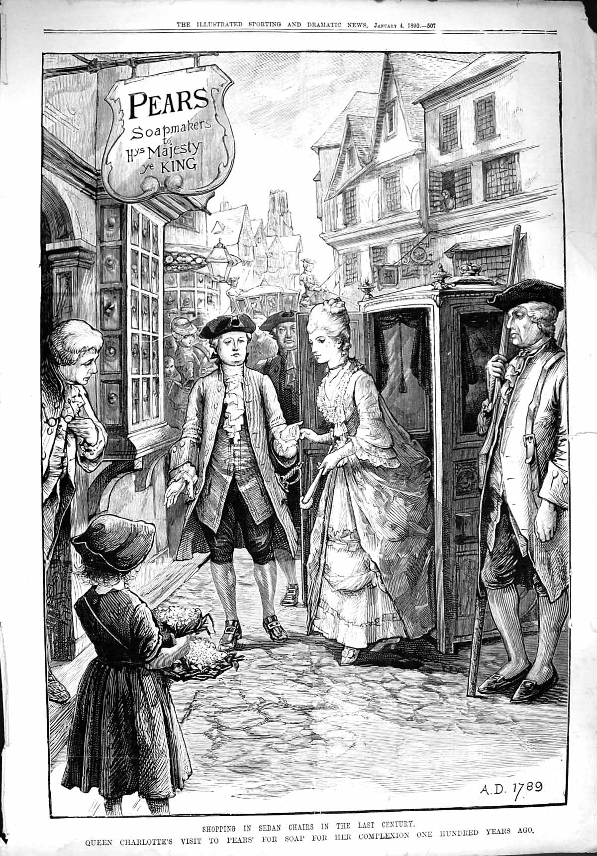 Original Old Antique Print 1890 Pears Soap Sedan Chairs Queen Charlotte Advert