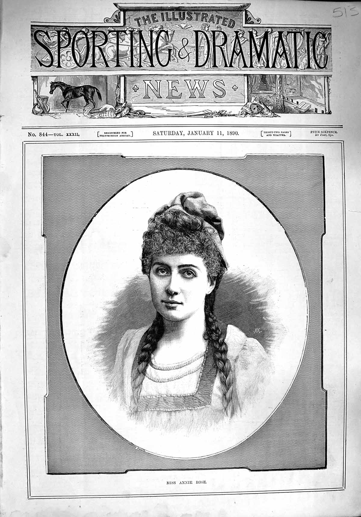 Original Old Antique Print 1890 Portrait Miss Annie Rose Beautiful Lady 19th