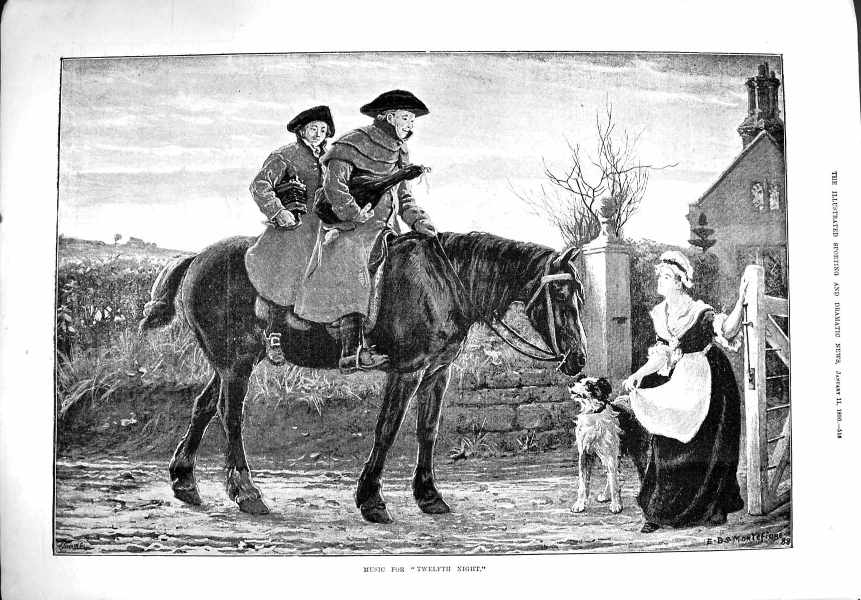 Original Old Antique Print 1890 Music Twelfth Night Men Horse Dog House Lady